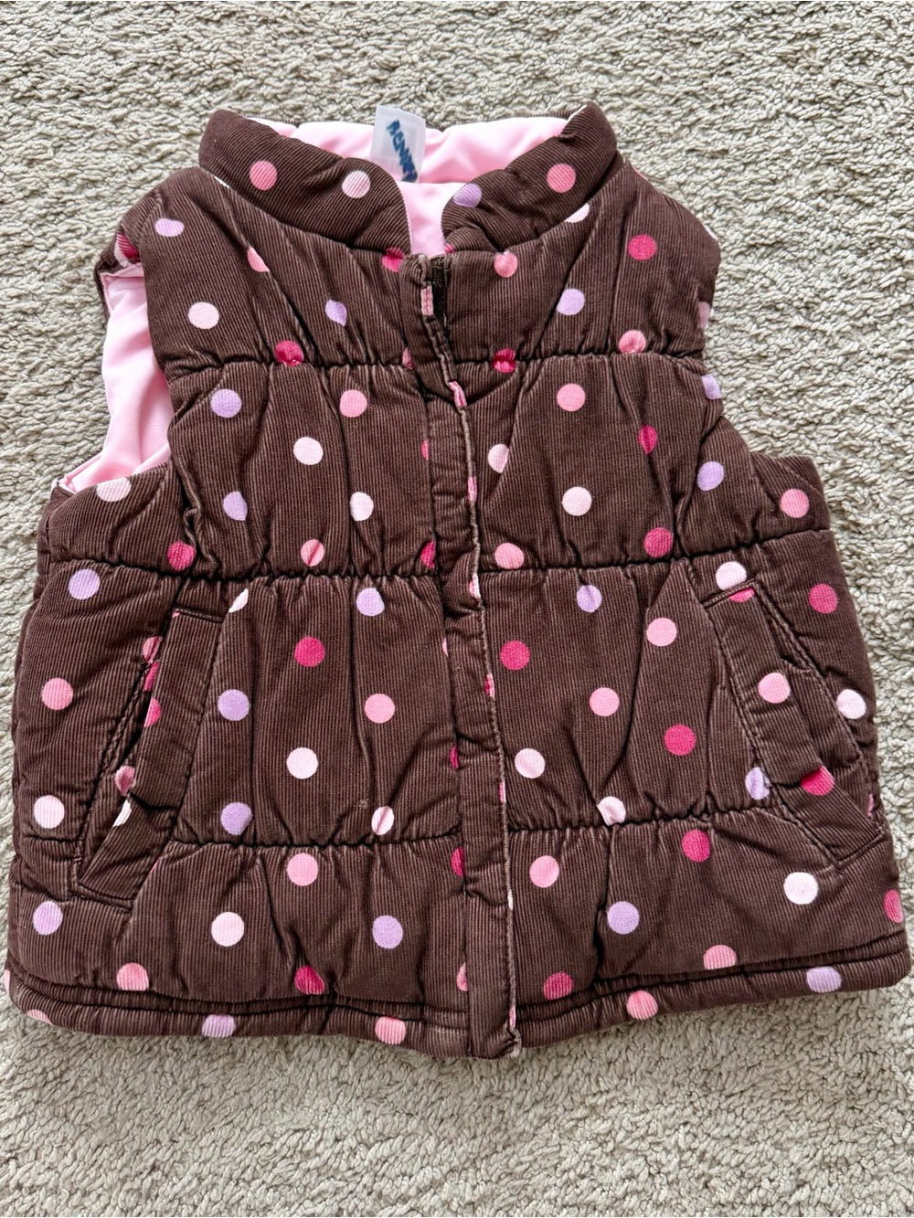 CARTERS Girls Vest Brown Pink Polka Dot Puffer Zip Up Sz 2T with Pockets